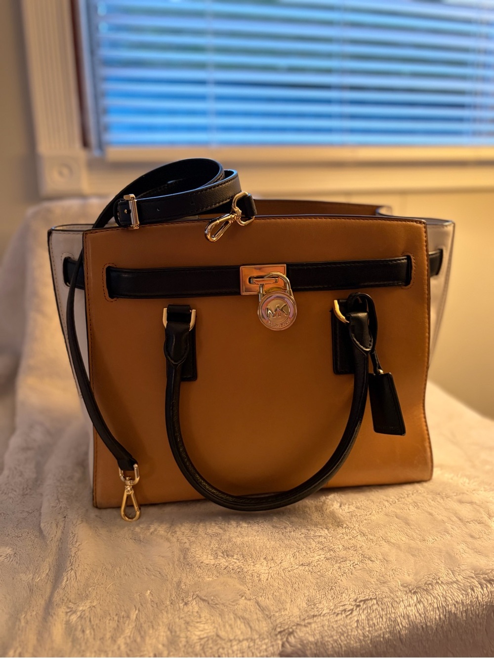 Michael Kors Hamilton Traveler Tan, Black and White Two-Tone LARGE Satchel